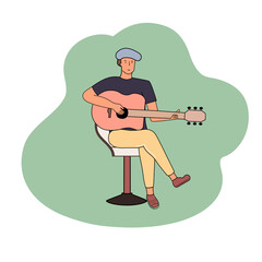 The guitarist playing guitar on the stage. Vector illustration in flat cartoon design.
