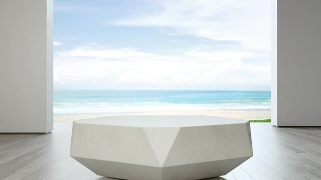Sea view living room of luxury summer beach house. Empty white podiums for product display in studio or showroom. Hotel interior 3d illustration.
