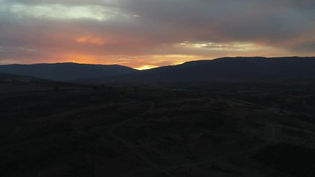 Beautiful landcape at sunset in mountains of Zamora,Spain. Aerial Drone Footage