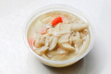 White Oyster mushroom soup or Cha sop Jamur tiram. Local soup from Indonesia with some chili.