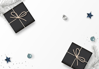 Fototapeta na wymiar Christmas banner. Gift box decorated with gray fir tree, Christmas balls, star, confetti, top view isolated on white background. Copy space. Xmas holiday. Flat lay. Minimal style. Vector illustration.