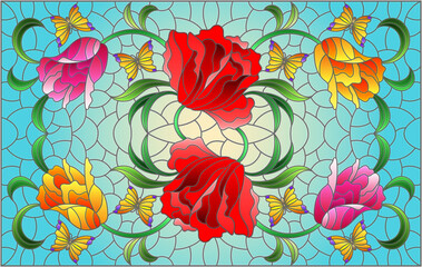 Illustration in a stained glass style with a flower arrangement of tulips and butterflies on a blue background, horizontal orientation
