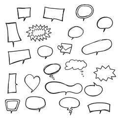 Hand drawn simple sketches of speech bubbles. Vector illustration freehand of speech bubbles isolated on white background.