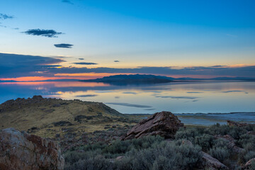 An overlooking landscape view of Antelope Island State Park, Utah
