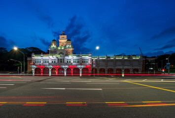The Central Fire Station illuminated in red and white for National Day 2020 celebration.