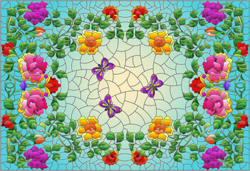 Naklejki  Ilustracja w stylu witrażu z kwiatami róży i motylem na niebieskim tle
