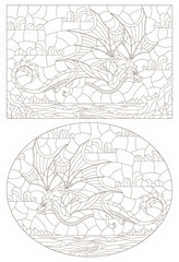 Set of contour illustrations in stained glass style with flying dragons on the background of landscapes and sky, dark contours on a white background