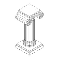 Greek ionic column. Ancient pillars roman antique architecture construction decoration. Wireframe low poly mesh vector illustration.