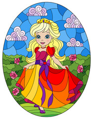 Illustration in stained glass style with a cute Princess on a background of flowers and Sunny sky, oval image