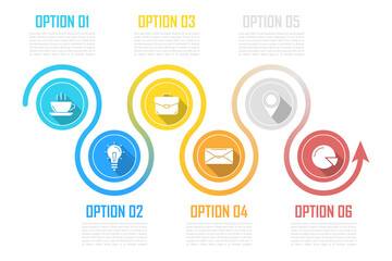Business infographics with arrow. Template with 6 steps, options or elements. Can be used for diagram or web design. Vector illustration.