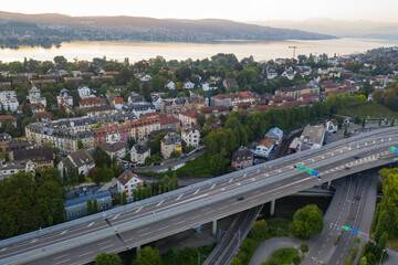 Aerial view of Zurich with highways and lake