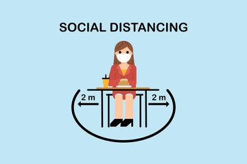 Restaurant and social distancing Coronavirus COVID-19 pandemic concept.People holding food sitting in Canteen that one people sit on the one table.Keep Safe Distance 2 meter.New normal icon vector.