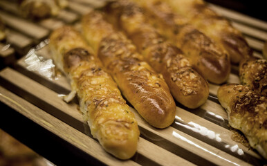 fresh daily bun bakery on wood rack