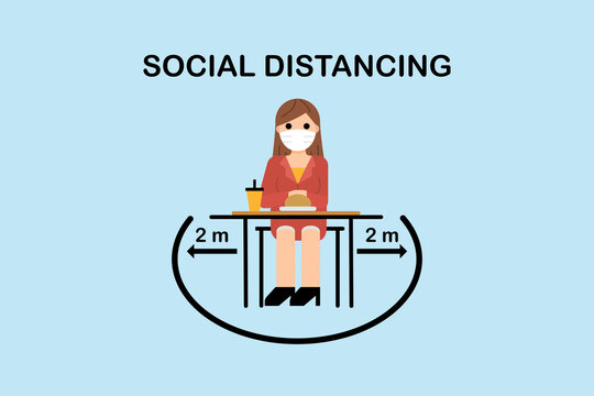 Restaurant and social distancing Coronavirus COVID-19 pandemic concept.People holding food sitting in Canteen that one people sit on the one table.Keep Safe Distance 2 meter.New normal icon vector.
