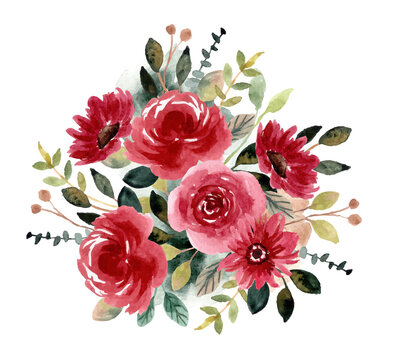 Red Green Flower Garden Watercolor Arrangement