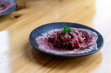 Raw meat slide Buffet in restaurant in tray shabu shabu