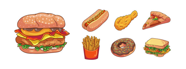 Vector Illustration modern junk food hand drawn cartoon coloring style