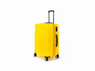 Yellow suitcase or yellow luggage for travelling on white background.