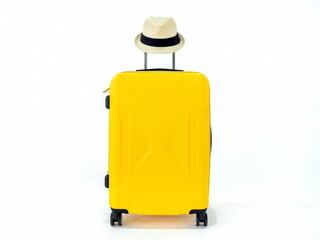 Yellow suitcase with straw hat isolated on white background.