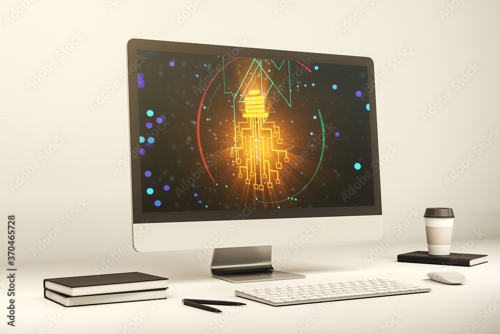 Aufkleber Modern computer monitor with creative light bulb hologram and chip on laptop background, idea and brainstorming concept. 3D Rendering