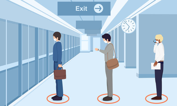 Safe travels under Covid-19,People wearing medical mask wait in line for subway  train, keep distance for 2 meters, social distancing concept health protection, new normal,vector illustration