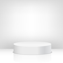 Blank template of white round podium, scene, stage showcase. Vector
