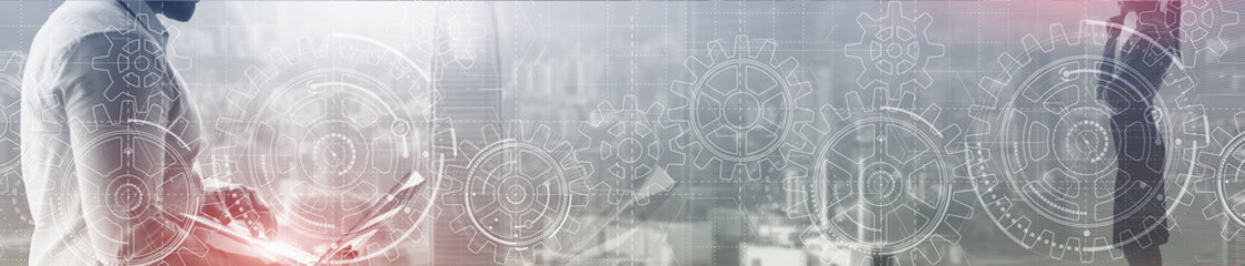 Cogs and gear wheel mechanisms. Hi-tech. Abstract Business and Technology background. Modern night city.