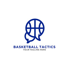 Basketball tactics, share your experiences - creative logo design concepts for websites, blogs or portals. Sports symbol layout. Unique flat icon template with speech ball and balloon.