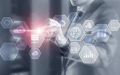 Double Exposure Diagrams and icons on hologram screen. Business people and data center background.