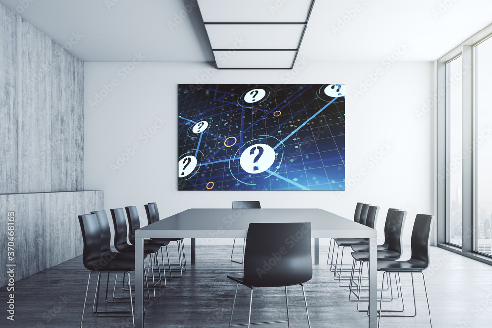 Aufkleber Creative abstract question mark hologram on tv display in a modern presentation room, future technology concept. 3D Rendering