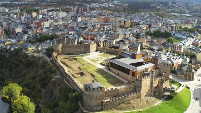 Castle of Ponferrada. Historical city of Leon,Spain. Aerial Drone Footage. Camino de Santiago
