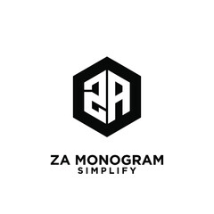 za, 2a initial monogram hexagon letter black logo design with white background