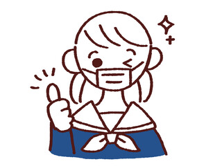 いいねポーズをするマスク姿の女の子