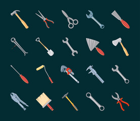 bundle of icons with construction tools and carpentry