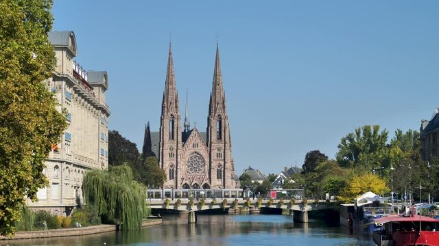 Metro Train Leaving Strasbourg Church Cathedral, France