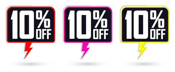 Set Sale 10% off speech bubble banners, discount tags design template, app icons, vector illustration