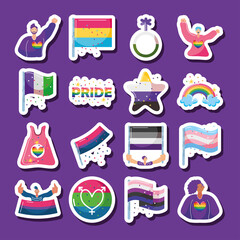 set of icons with LGBTQ community symbols in purple background