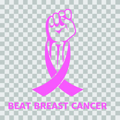 Fist and pink ribbon, symbol of victory over breast cancer. Vector icon isolated on transparent background, flat design, esp 10.