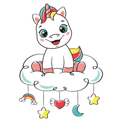 Happy baby unicorn sitting on cloud. Cartoon vector illustration