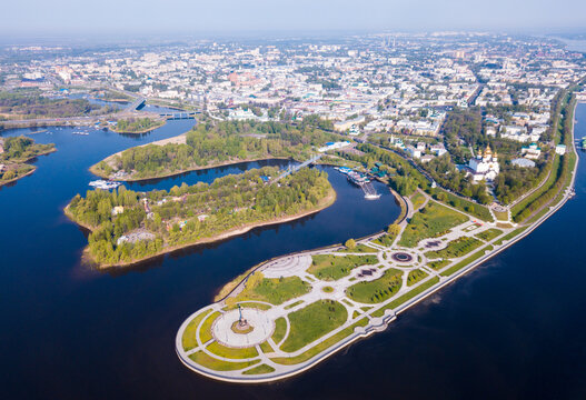 Scenic view from drone of Yaroslavl with park at Strelka in place of confluence of Kotorosl and Volga rivers and Assumption cathedral, Russia..