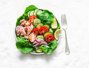 Healthy balanced diet  food - canned tuna, tomatoes, cucumbers, lettuce, red onion, olive oil salad...
