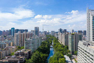 aerial view of hangzhou city skyline in a sunny day