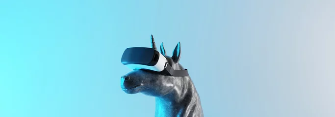 Poster Concrete unicorn statue with virtual reality headset on neon light background. Creative idea. Technology concept. 3d rendering © aanbetta