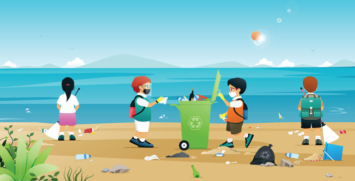 Students are helping to collect litter and plastic on the beach.