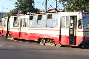 Plakat old tram in the city, Russia, Sankt-Peterburg