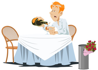 Man is drinking cognac. Guy with bottle alcohol. Broken heart. Funny people