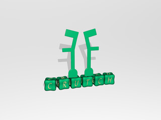 crutch 3D icon object on text of cubic letters. 3D illustration. care and crutches