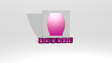 3D illustration of BARREL graphics and text made by metallic dice letters for the related meanings of the concept and presentations. background and black