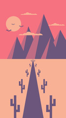 Vector illustration of a mountain landscape. Abstract landscape background. Sunset or sunrise wallpaper. Nature background on pastel color.