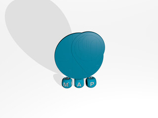 map 3D icon over cubic letters. 3D illustration. background and abstract